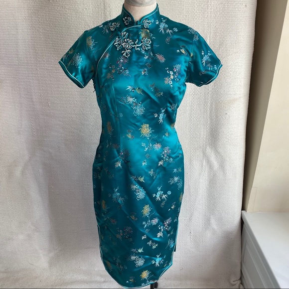 Vintage Dresses & Skirts - Vintage 6 Asian Print Satin Midi Dress Blue Green
